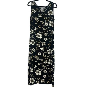 Jane Ashley Hawaiian Maxi Dress Black Floral Hibiscus Side Slits Rayon Medium - Picture 1 of 10