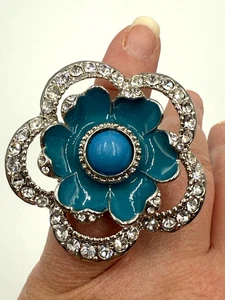 Blue Flower Sparkle Elastic Adjustable Ring Statement Costume Fashion Jewelry - Picture 1 of 5