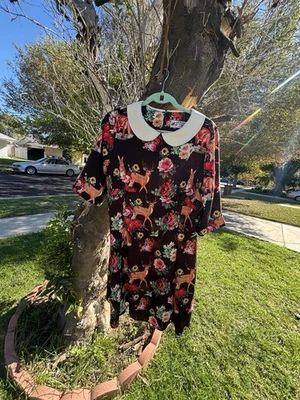 Hell Bunny XL Peter Pan Collar above knee Black with animals and flowers - Image 1 of 4