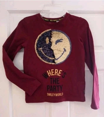 Smiley World 翻盖亮片 T 恤尺寸 6 8 棉感勃艮第 T 恤男孩女孩  — 第 1/4 张图片