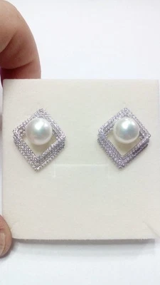 ORECCHINI IN ARGENTO 925 ROMBO ZIRCONI E PERLA (AMFO0097) - Immagine 1 di 3