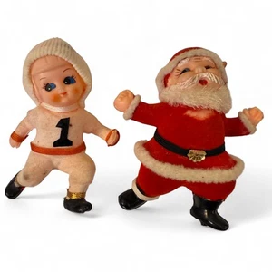 Par de estatuillas navideñas de fieltro flocado bebé Papá Noel y nieve Japón vintage años 50 - Imagen 1 de 5