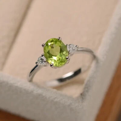 Green Peridot 925 Sterling Silver Ring Natural Oval Cut Three Gemstone Ring - Image 1 of 4