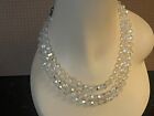 VINTAGE 50&#39;S AB CLEAR FACETED GLASS BEADS 3 LAYERS CHOKER NECKLACE BRILLIANT BIG