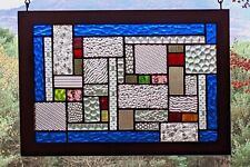 Original Art Stained Glass Panel Geometric Study in Texture Modern Cedar Frame