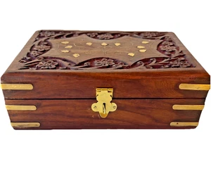 Indian Handmade Wooden Jewelry Trinket Keepsake Box Brass Inlay Floral Ivy Gift - Picture 1 of 12