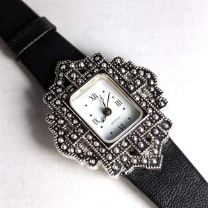 Orologio donna Avon vintage stile art deco rettangolare con cinturino in vera pelle nero - Foto 1 di 7