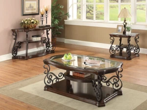 4 PC Traditional Coffee Table Set W/ Ornate Metal Base & Glass Top Deep Merlot - Picture 1 of 12
