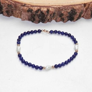 14k Yellow Gold Clasp Blue Lapis Lazuil Pearl's Gold Beads BEADED BRACELET 7" - Picture 1 of 5