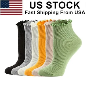 6 Pack Women's Ruffle Socks,Turn-Cuff Casual Ankle Socks Breathable Cotton Knit - Picture 1 of 8