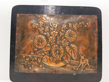 Vintage Painted Wood and Embossed Copper Plate Plaque Floral Deer