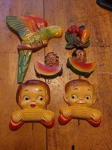 6 Vintage Chalkware Wall Hangers Towel Oven Kitchen Mitt Hook Anthropomorphic  - Picture 1 of 20