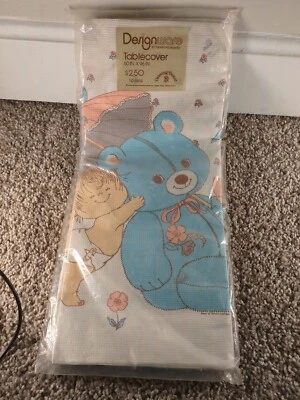 Mantel de baby shower vintage 1977 tablero de dibujo oso azul conejito rosa 60x96" EE. UU. Foto 1 de 2