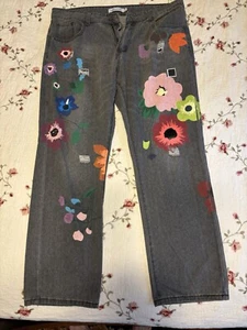 MissLook Painted Floral High Waisted Denim Jeans Womens Xl Hippie Boho Fun! - Picture 1 of 5