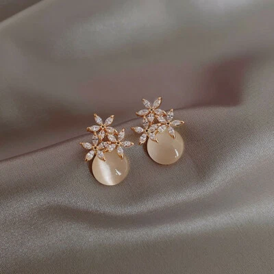 Pendientes Mujer Chapados en Oro Ópalo Perla Elegante Cristal Flor Moda Moderno ¡NUEVO! Foto 1 de 3