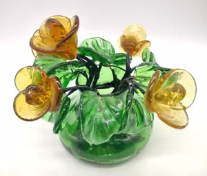 Glass Flowers and Leaves MCM Decoration Yellow Flower with Vase Glass Art - Picture 1 of 10