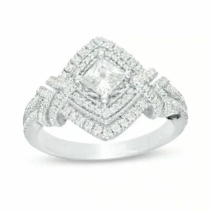 1Ct White Princess Cut CZ Unique Engagement Ring In Solid 14K White Gold - Picture 1 of 5