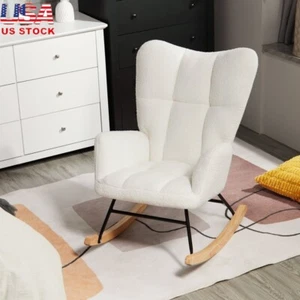 Upholstered Rocking Chair Nursery Glider Comfy Accent High Backrest White Chair - Picture 1 of 7