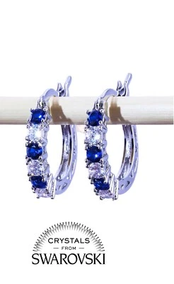 Orecchini pendenti argento a cerchio con cristalli Swarovski zaffiro a goccia - Immagine 1 di 2