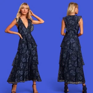 Lulus Molinetto Dress Womens XS Navy Blue Black Lace Tiered Ruffle Maxi Gown 6Y - Picture 1 of 14