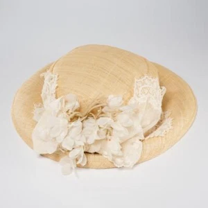 Christine A Moore Tan Straw Lace Band Bow Silk Flowers Hat VTG - Picture 1 of 6