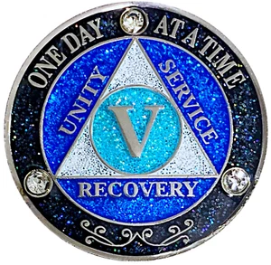 AA 5 Year Crystals & Glitter Medallion, Silver, Blue Color & 3 Crystals - Picture 1 of 2