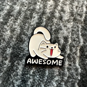 Cat Enamel Pin White Kitten Awesome Spelled Out Brooch Backpack Cat Lady New - Picture 1 of 4