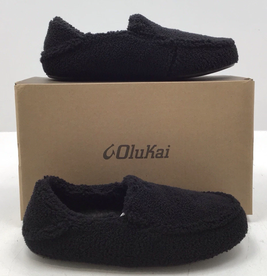 WOMEN'S BLACK OLUKAI NOHEA HEU FUZZY SLIPPERS WITH DROP IN HEEL SIZE 8