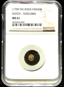 1700 - 1794 Indien Gold Fanam Münze, Dutch-Tuticorin, NGC MS 61, 092 - Bild 1 von 2