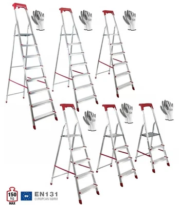 Scala in Alluminio 3/4/5/6/7/8 Gradini Scaletto Portatile con Vaschetta e Guanti - Immagine 1 di 4