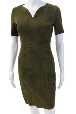 Vestido lápiz vaina Elie Tahari para mujer verde gamuza midi cuello en V talla 0 Foto 1 de 4