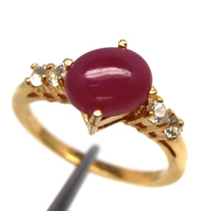 925 Silver 7 x 9 MM. Red Ruby & White Zircon Birthstone Jewelry Ring Size 5.75 - Picture 1 of 4