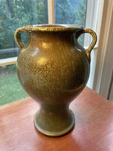 Vintage N. Carolina Pottery A. R. Cole Green Rutile Glaze Vase Handles 10 1/4 " - Picture 1 of 10