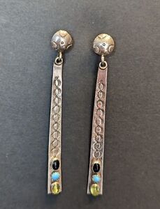 Vintage Navajo Sanel Signed Sterling Drop Dangle Earrings turquoise, jet Onyx
