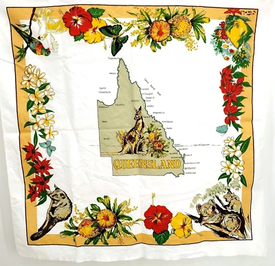 Map of Queensland Souvenir Linen Cloth Vtg Kangaroo Koala Floral Bird 13" x 13" - Image 1 of 4