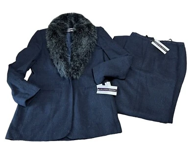 NUEVO CON ETIQUETAS 2 PIEZAS TRAJE PANTALÓN AMANDA SMITH LANA PURA TALLA 8 AZUL CUELLO IMITACIÓN PIEL EXTRAÍBLE Foto 1 de 4