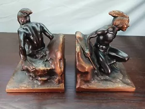 Fermalibri scultura coraggiosa scout indiani nativi americani bronzo vintage anni '30 - Foto 1 di 14