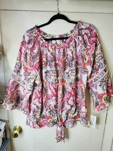 NWT NY Collection Plus Size 2X 3/4 Sleeve Paisley Ruffled Top Multicolor - Picture 1 of 9