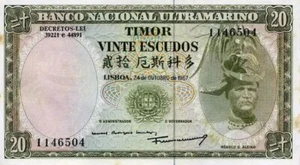 1967 Osttimor Leste zirkulierte Banknote. 20 Escudos. Single Twenty Escudos CIR - Bild 1 von 2