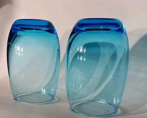 Set of 2 Aqua Cobalt Blue Hand Blown 14 oz Stemless Wineglasses - Picture 1 of 7