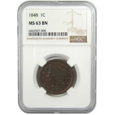 1848 Braided Hair Large Cent MS 63 BN NGC Uncirculated SKU:I9197 - Image 1 of 4