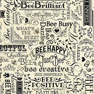 Palabras felices y positivas de abeja BTY en tela de algodón natural por yarda C7172 - Imagen 1 de 2