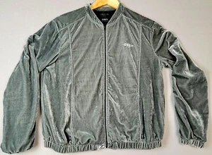 Women's Velvet Bomber Jacket  Size S Obey Love Chain Grey Pockets Elastic Waist - Picture 1 of 10