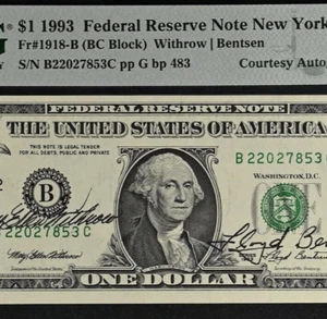 1993 $1 Federal Reserve Note - PMG 64EPQ - Dual Autograph - Withrow / Bentsen - Picture 1 of 3