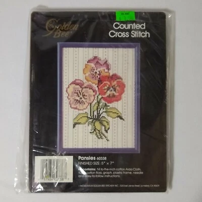 Golden Bee 5" x 7" Counted Cross Stitch Kit Pansies #60338 from 1988 Sealed - Image 1 of 4