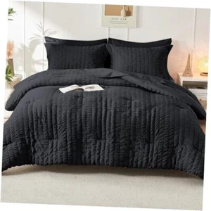 Seersucker King Size Comforter Set 3 Pieces, Lightweight King(104"×90") Black - Picture 1 of 7