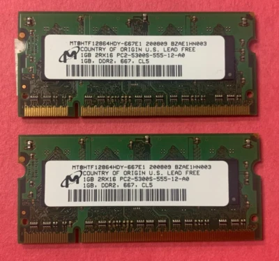 💥MICRON 2GB (2X1GB) 2RX16 PC2-5300S DDR2 667 RAM MEMORY MT8HTF12864HDY-667E1 - Image 1 of 2