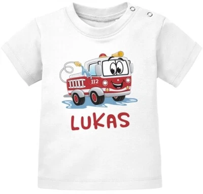SPECIALME Baby T-Shirt mit Namen personalisiert Feuerwehr-Auto Namensgeschenke kurzarm