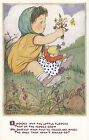 CF100.Vintage Postcard. Phyllis M Purser.Why do picked flowers die? Girl, rabbit