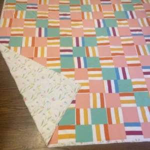 Vtg Block Quilt Handmade Patchwork Multicolor Blanket Polyester Colorful Stripe - Picture 1 of 6